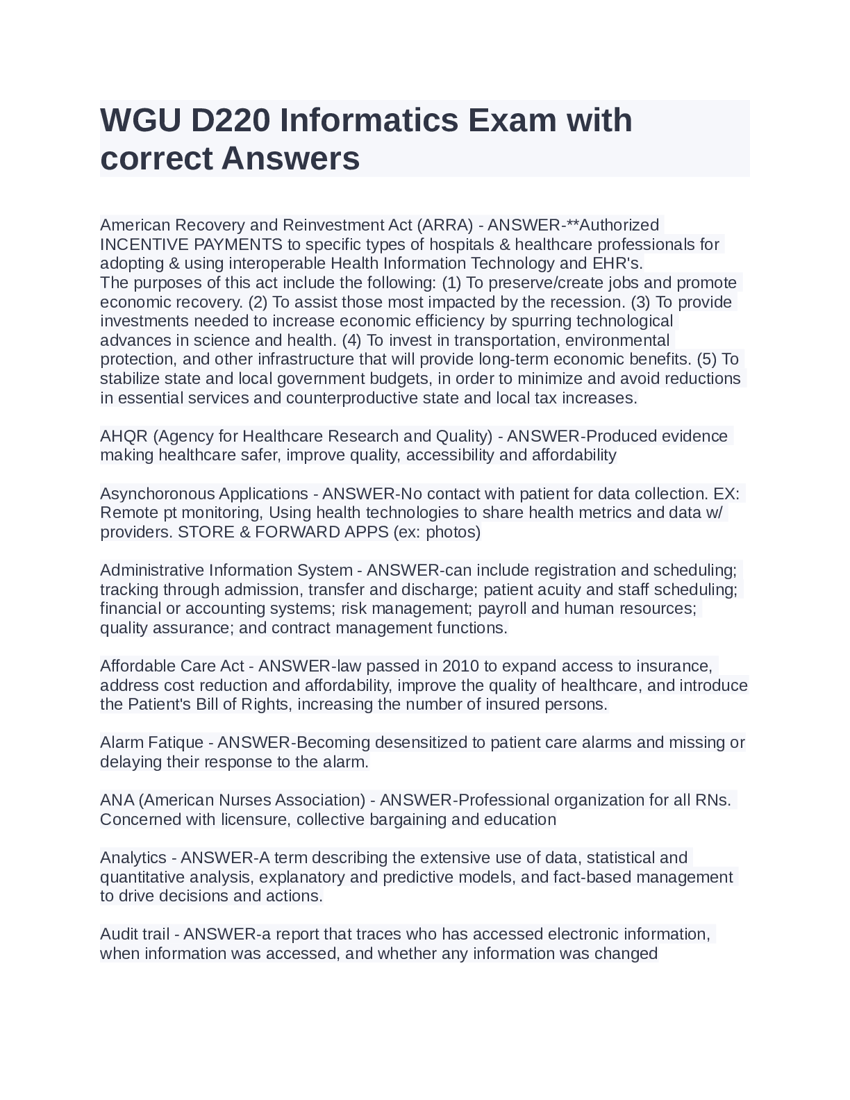 Preview image of WGU D220 Informatics Exam withcorrect Answers document